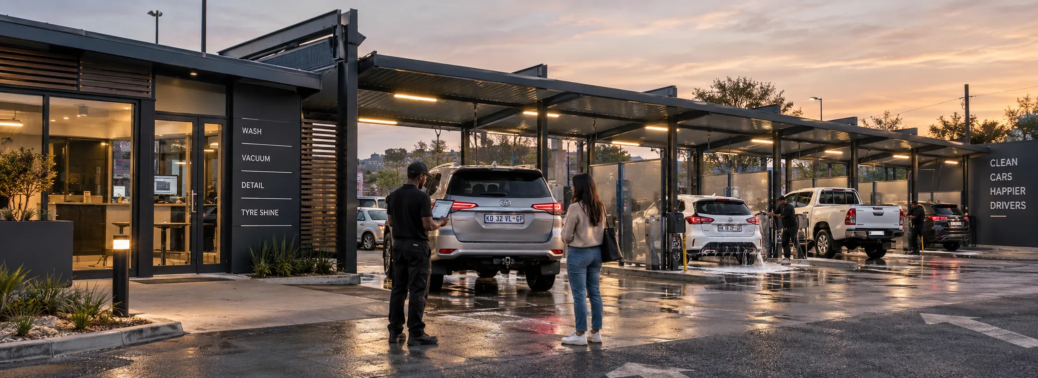 Car wash attendant capturing a wash on a tablet beside canopy wash bays, the car's number plate read by a camera