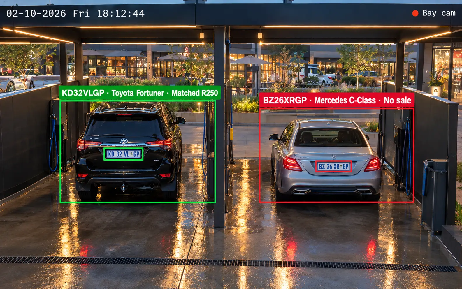 A camera's view of two wash bays: a Toyota Fortuner matched to its sale, and a Mercedes with no sale flagged
