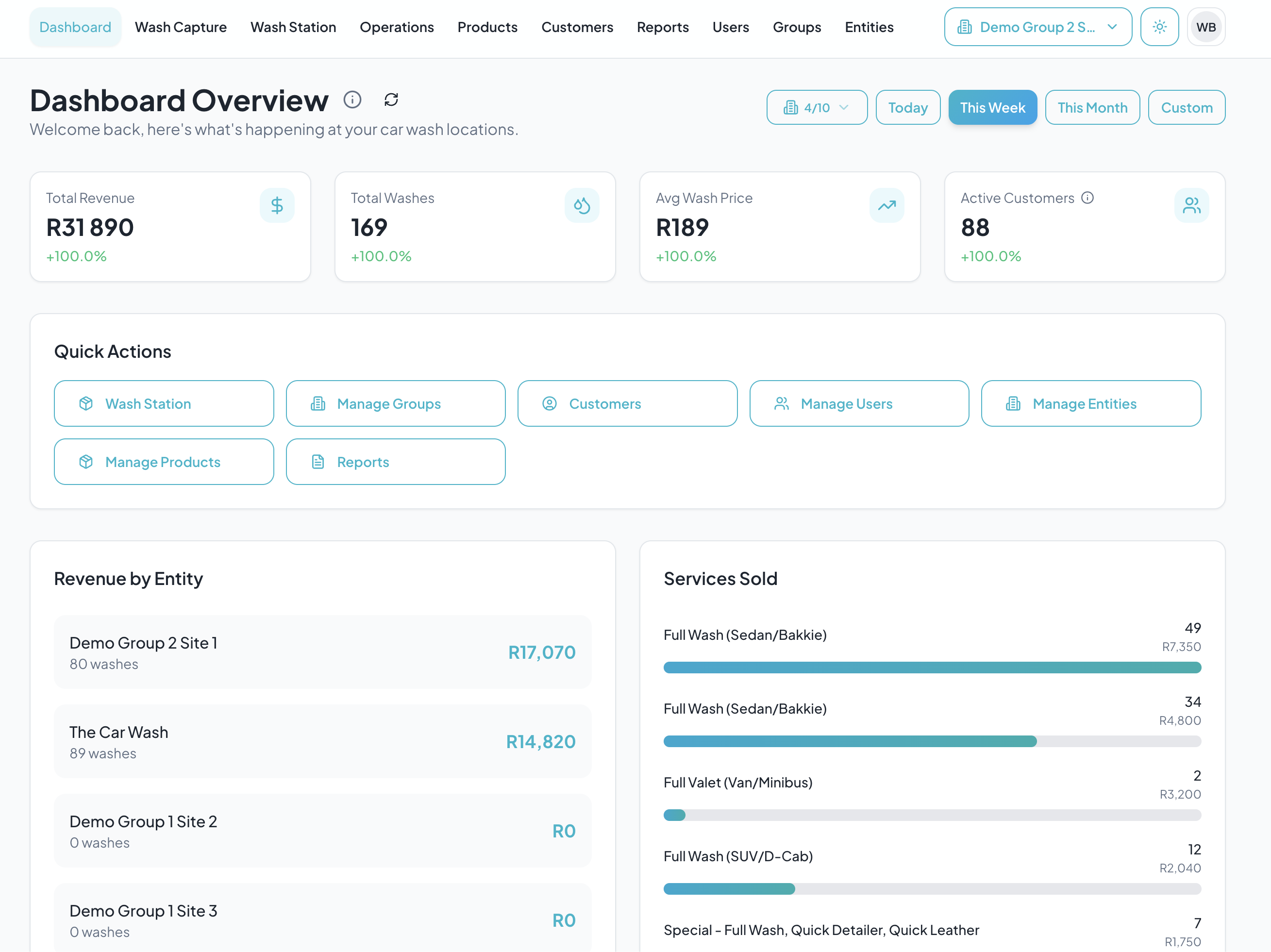 WashBase dashboard showing revenue metrics and location performance