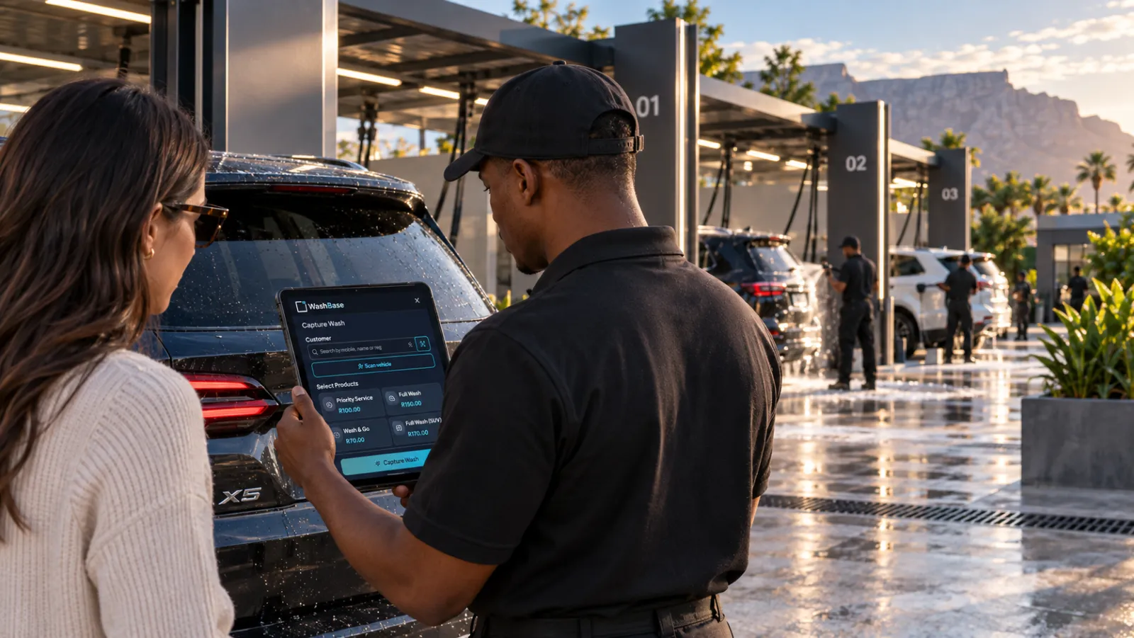 Car wash attendant capturing a wash on a tablet next to the customer's vehicle